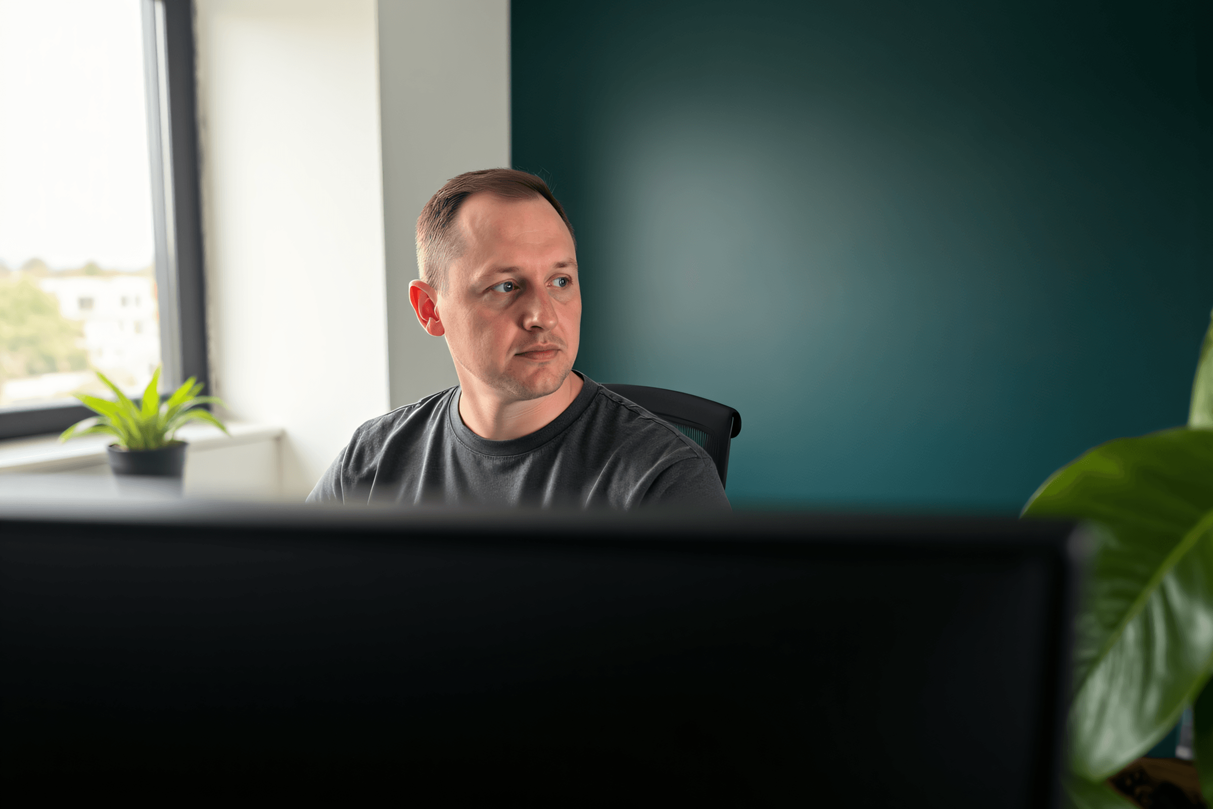 Joe, founder of Wayfind Studio, at his desk between two monitors